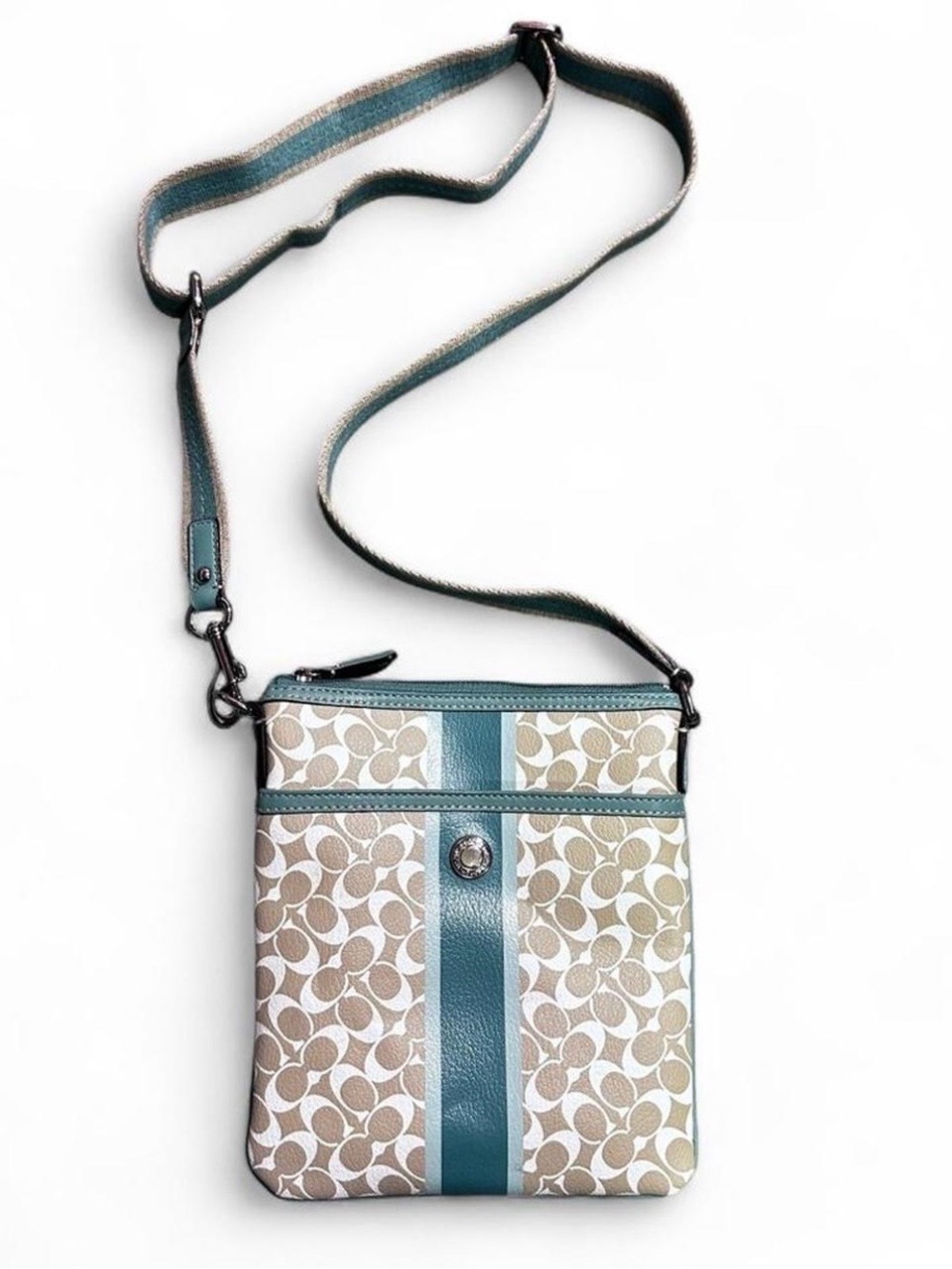 Coach Monogram Teal, Aqua Beige Signature Crossbody Swingpack Bag
